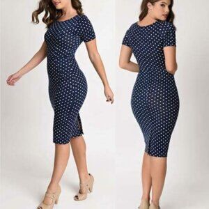 Unique Vintage Mod Navy Blue & White Polka Dot Pencil Wiggle Dress XS 2